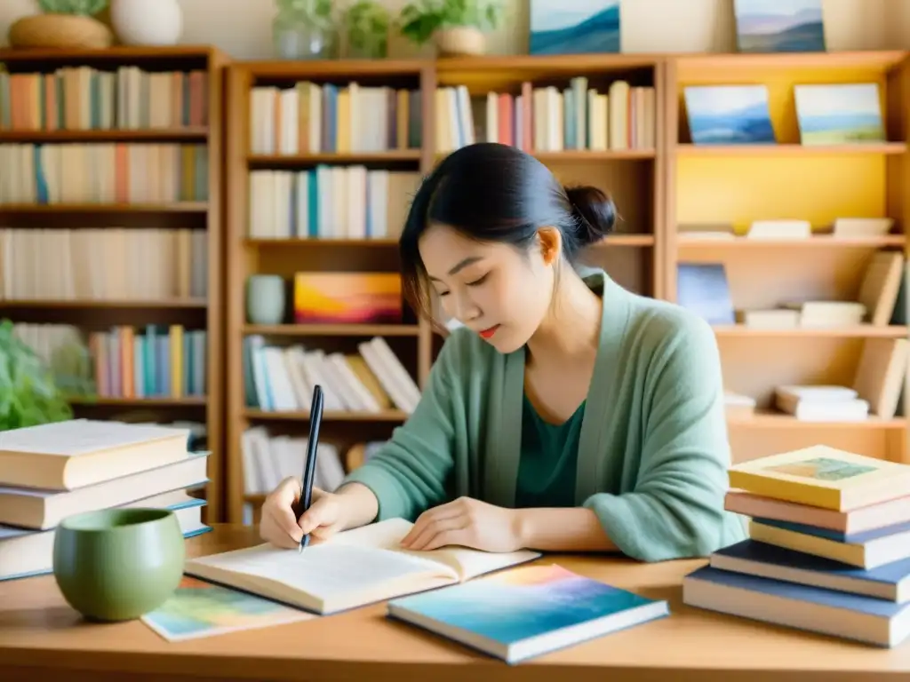 Un traductor experto trabaja en un poema en un estudio acogedor y soleado, rodeado de libros y acuarelas