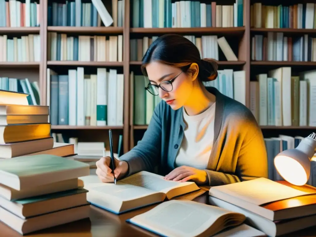 Un traductor de poesía contemporánea inmerso en el proceso creativo, rodeado de libros, concentrado bajo la suave luz de una lámpara de escritorio