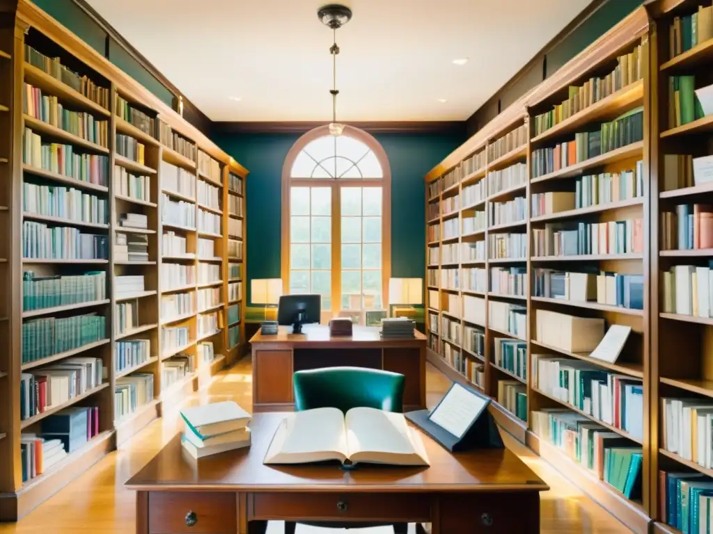 Una tranquila escena de biblioteca con libros de poesía y software organización lírica poemas, bañada por la cálida luz del sol