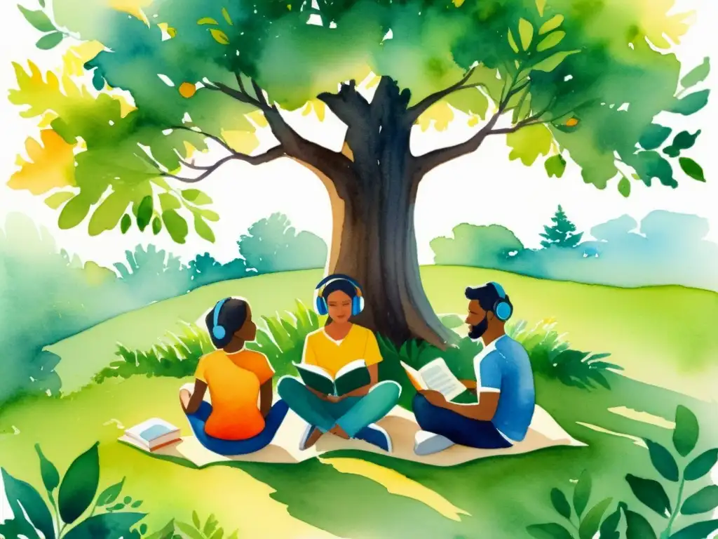 Un tranquilo día al aire libre, un grupo diverso disfruta de audiolibros de poesía multicultural bajo un árbol, iluminados por el sol entre las hojas