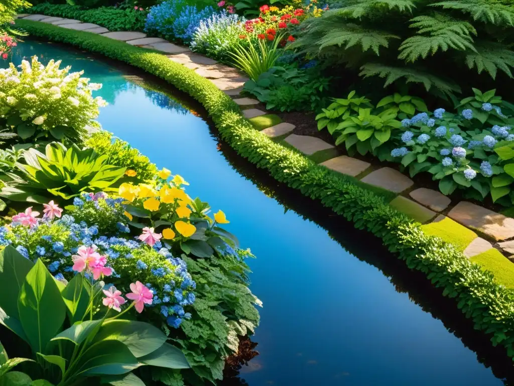 Un jardín tranquilo con flores vibrantes en plena floración, sendero sereno, arroyo y detalles meticulosos