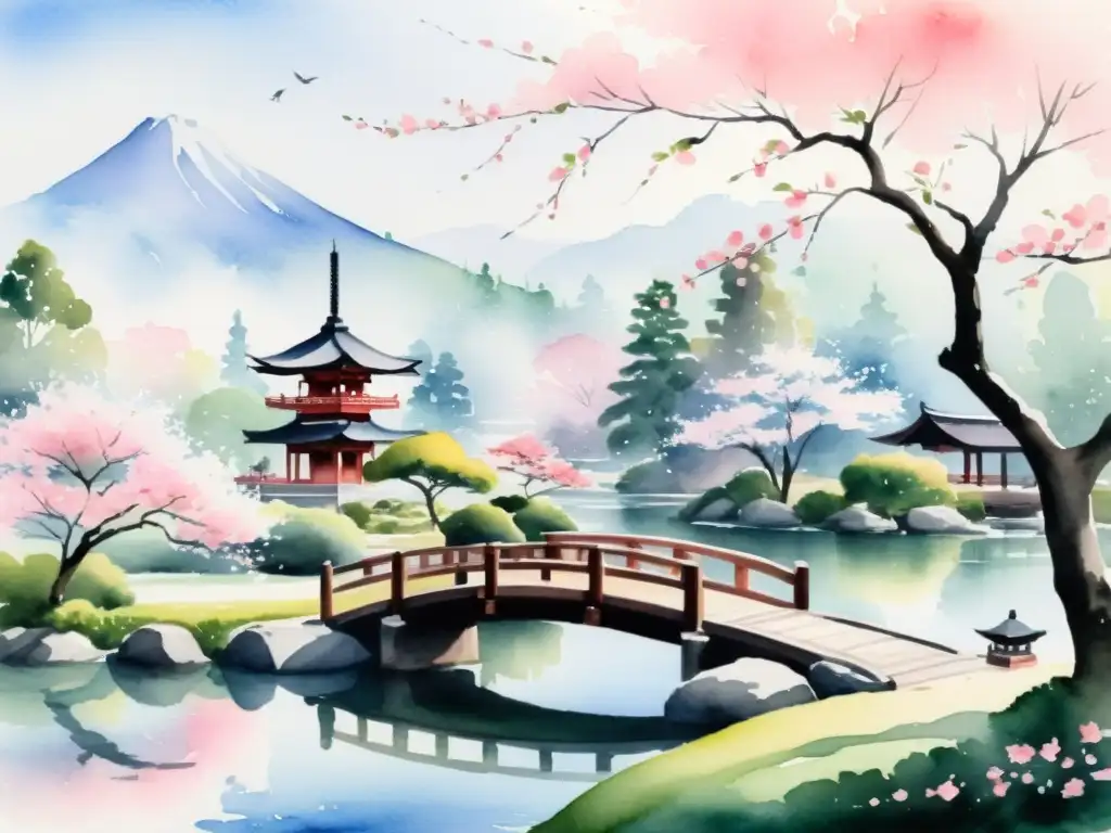 Un tranquilo jardín japonés con un puente de madera, árboles de cerezo y una pagoda, inspirando poesía haiku en un Curso Online Poesía Japonesa Haiku