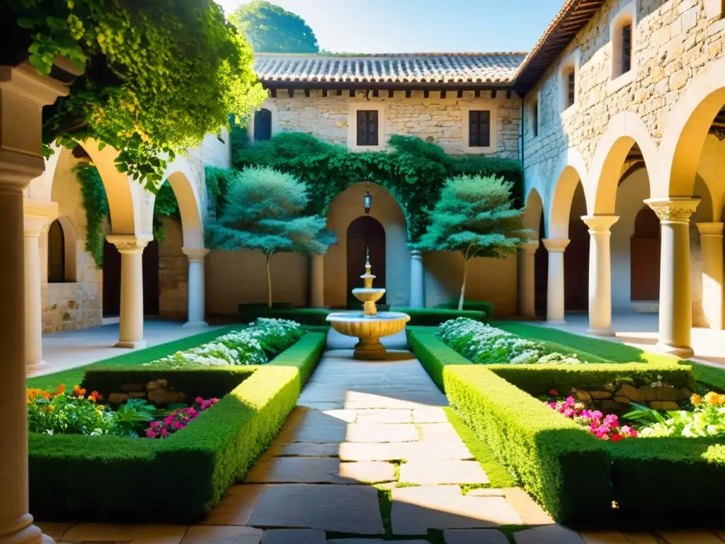 Un tranquilo patio de monasterio con jardín exuberante y fuente, evocando la filosofía de la vida retirada con historia y contemplación