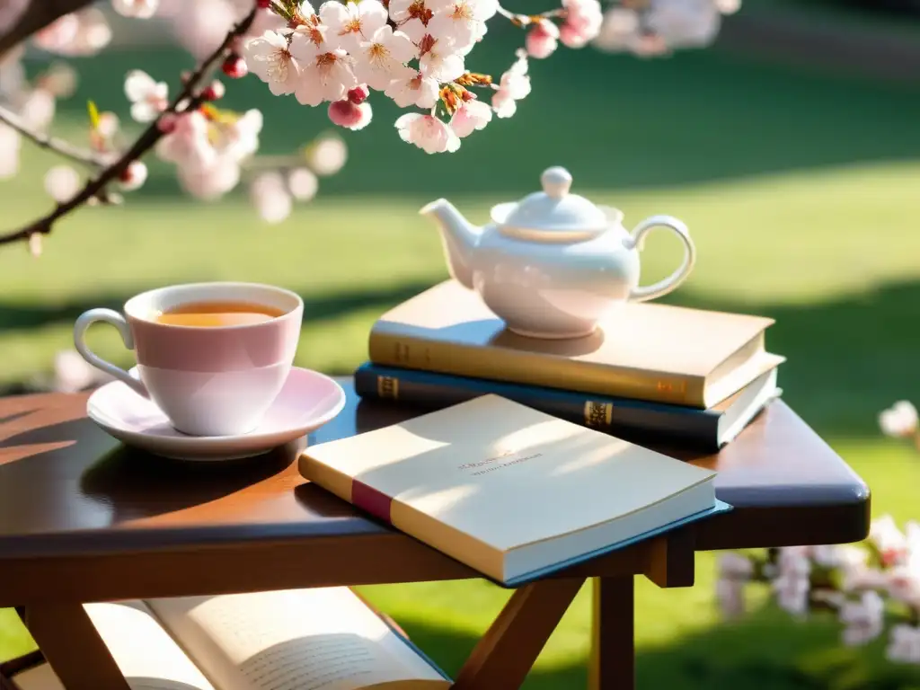 Un jardín tranquilo y soleado con una mesa de madera y dos sillas bajo un cerezo en flor