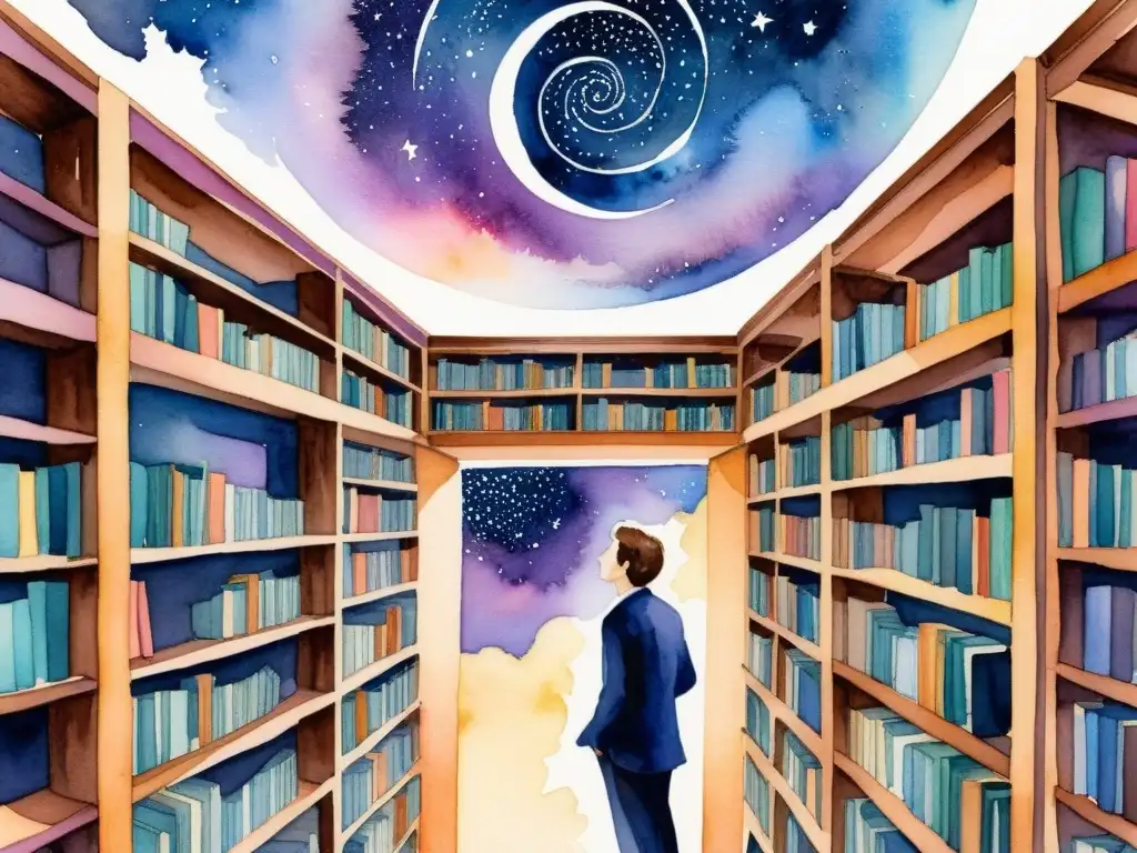 Universo poético metafísico en laberintos de conocimiento, evocando la esencia de Borges entre libros y estrellas