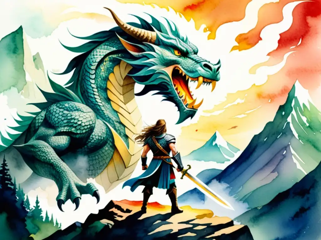 El valiente Siegfried vence al dragón Fafnir con la espada Balmung, en una ilustración acuarela