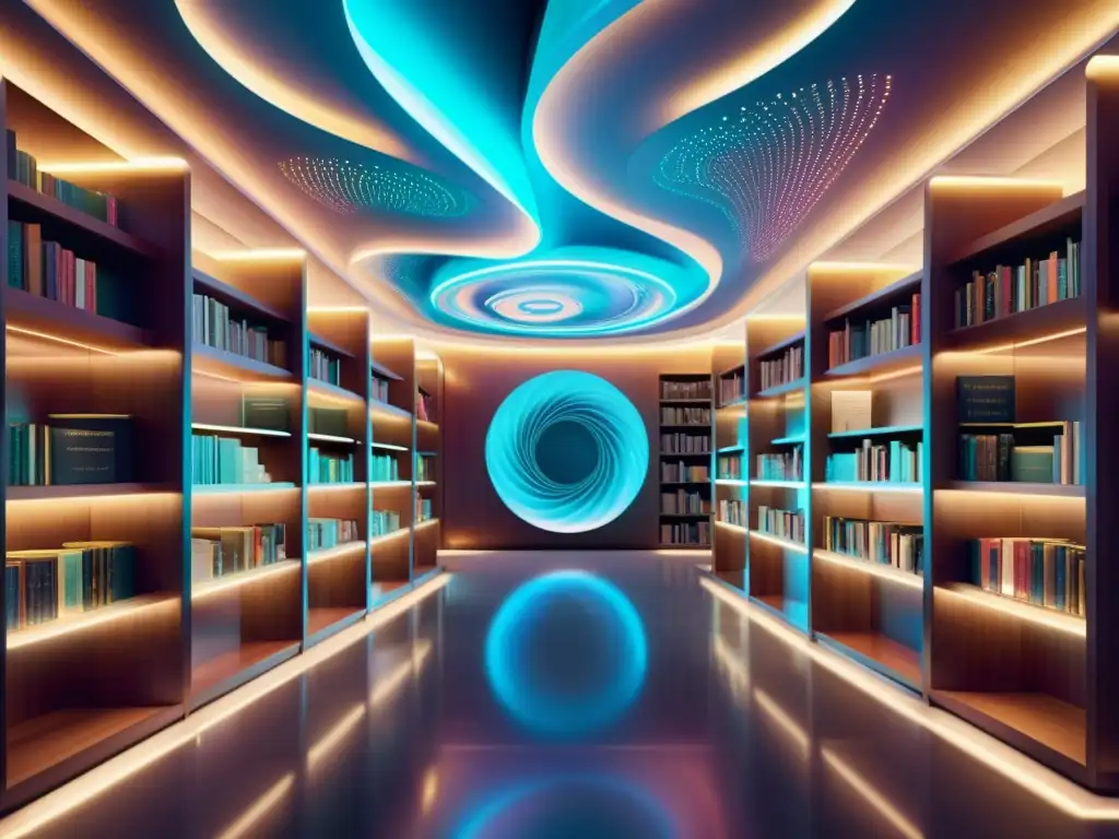 Biblioteca futurista de libros holográficos: un mundo de poesía vibrante Viaje poético a la inmortalidad digital en una biblioteca futurista llena de libros holográficos de poesía, iluminada por una suave luz etérea