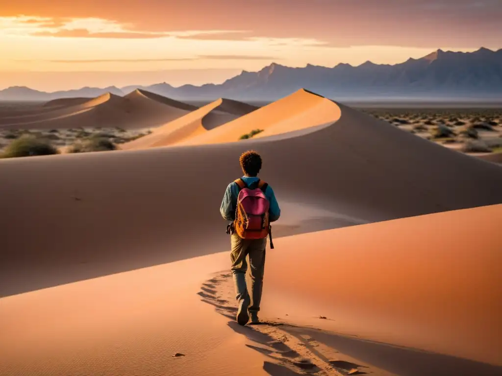 Un viajero solitario camina por un desierto dorado al atardecer, rodeado de dunas imponentes y un cielo en llamas