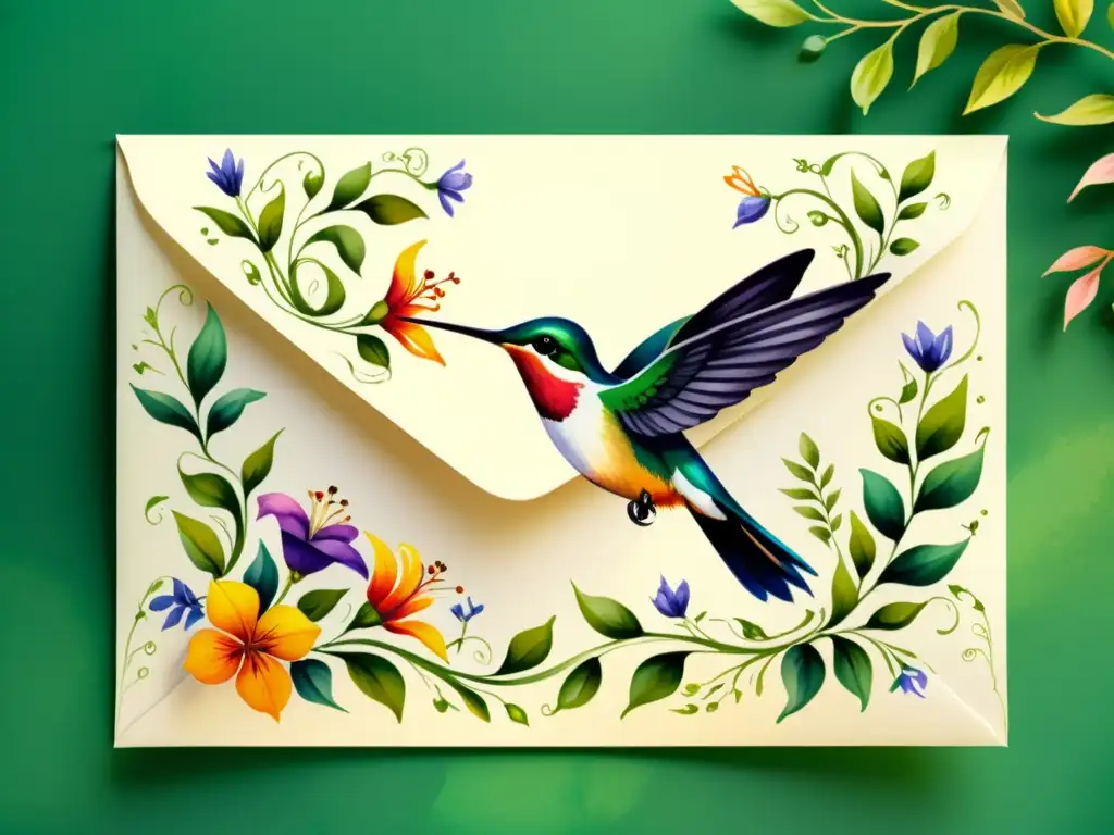 Una ilustración acuarela vibrante de un sobre abierto rebosante de flores y enredaderas, con colibríes delicados revoloteando alrededor