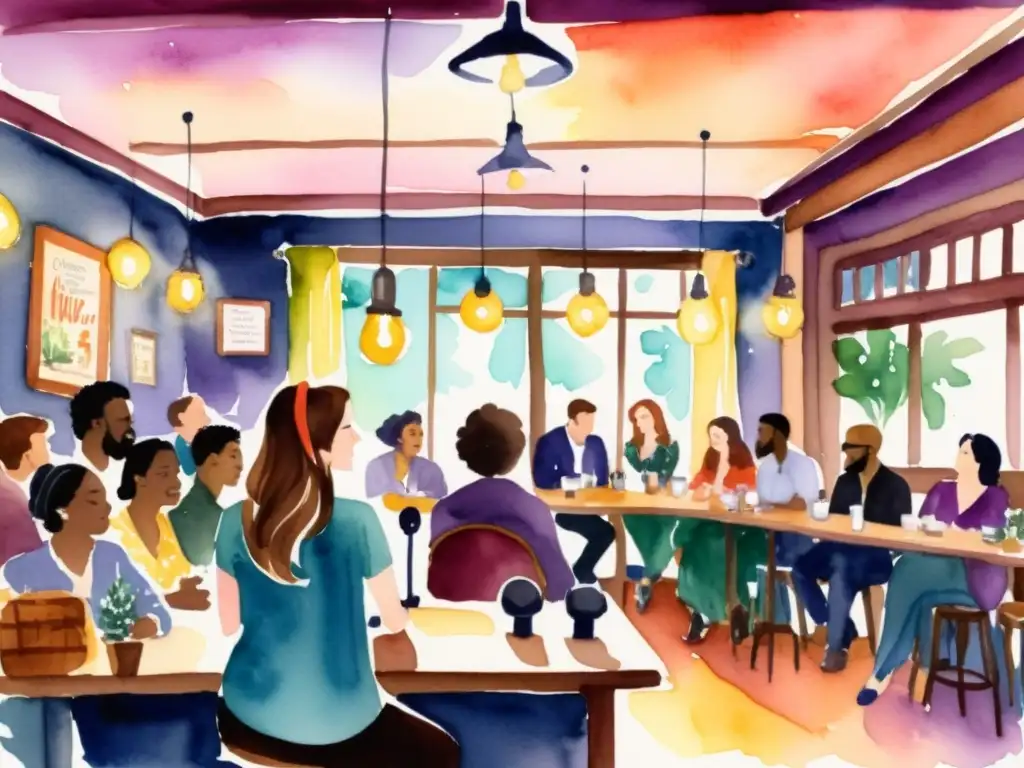 Vibrante acuarela de un acogedor café con micrófono vintage y poetas compartiendo versos, animando a poetas a compartir