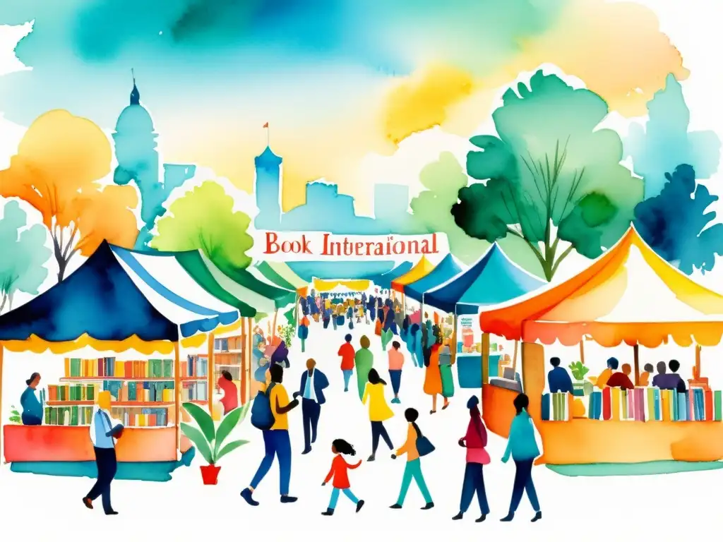 Una ilustración vibrante en acuarela de una bulliciosa feria internacional del libro, con impacto social y diversidad en un ambiente cálido y acogedor