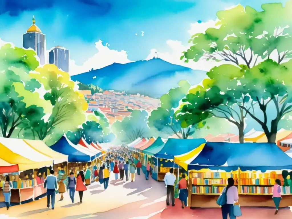 Feria del libro en Bogotá: poesía y color en acuarela Vibrante acuarela de la bulliciosa Feria del Libro en Bogotá, con puestos coloridos y visitantes descubriendo novedades poéticas