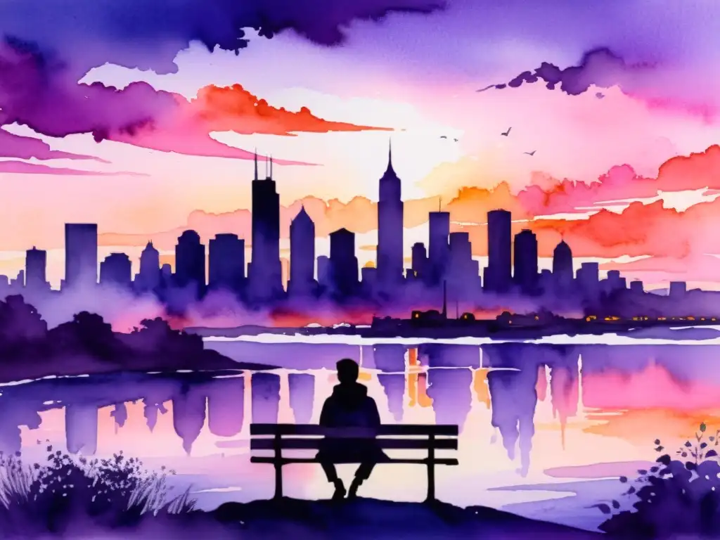 Vibrante acuarela de ciudad al atardecer con poeta contemplativo y skyline