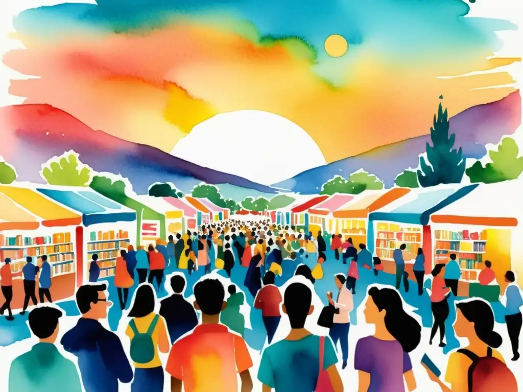 Vibrante ilustración en acuarela de la Feria Internacional del Libro de Guadalajara, con entusiastas de la poesía y coloridos puestos de libros