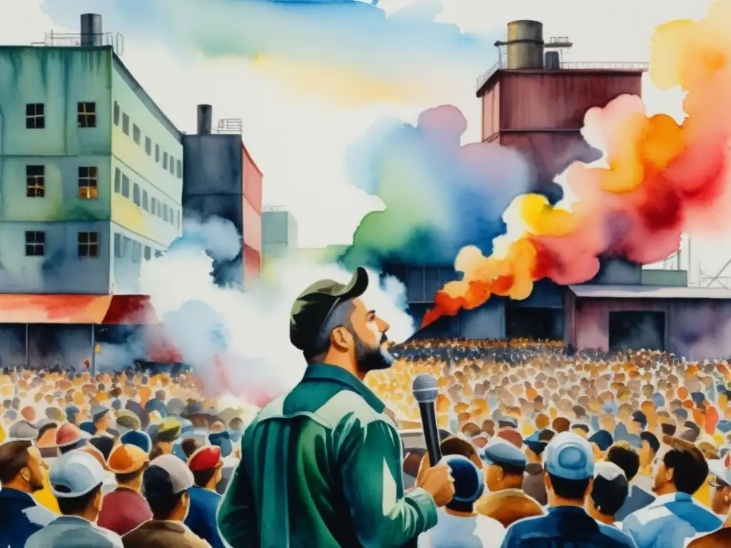 Vibrante acuarela de Blas de Otero recitando poesía social con pasión, rodeado de obreros e industrial, capturando su compromiso ético
