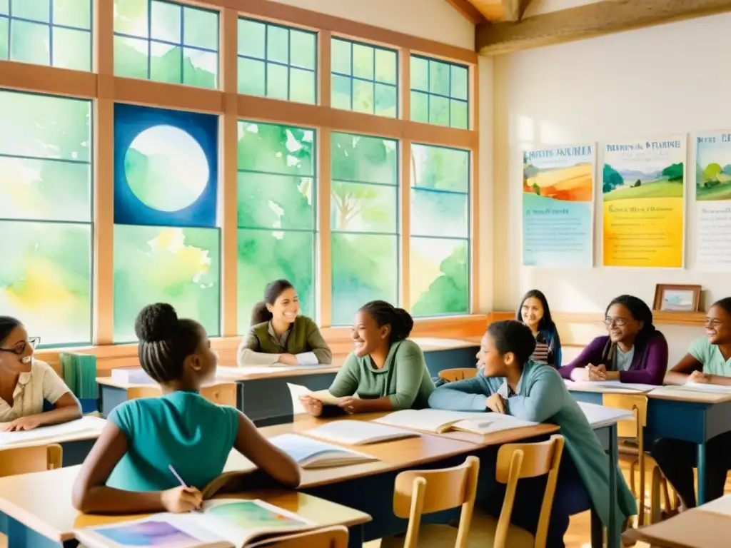 Vibrante aula de poesía con luz natural y diversidad estudiantil, fomentando el viaje en los géneros poéticos educación