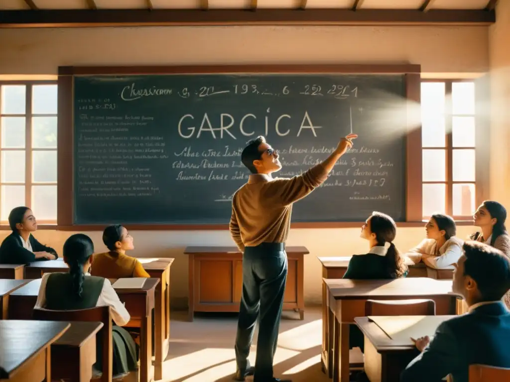 Vibrante aula vintage con análisis generación del 27 poesía, alumnos atentos y profesor apasionado en una cálida atmósfera iluminada por el sol