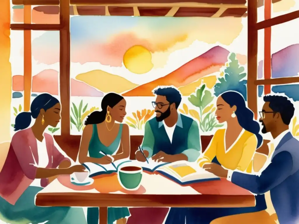 Un vibrante café con poetas diversos intercambiando ideas y certificaciones escritura creativa poesía, iluminados por el cálido atardecer