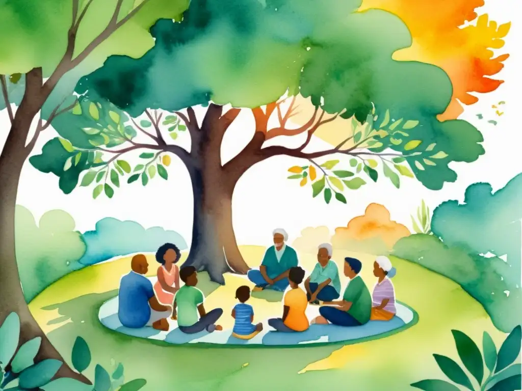 Vibrante círculo de poesía bajo un árbol al atardecer Un vibrante círculo de personas recitando poesía bajo un árbol en el parque, generando conexión y comunidad en concursos de poesía temáticas sociales