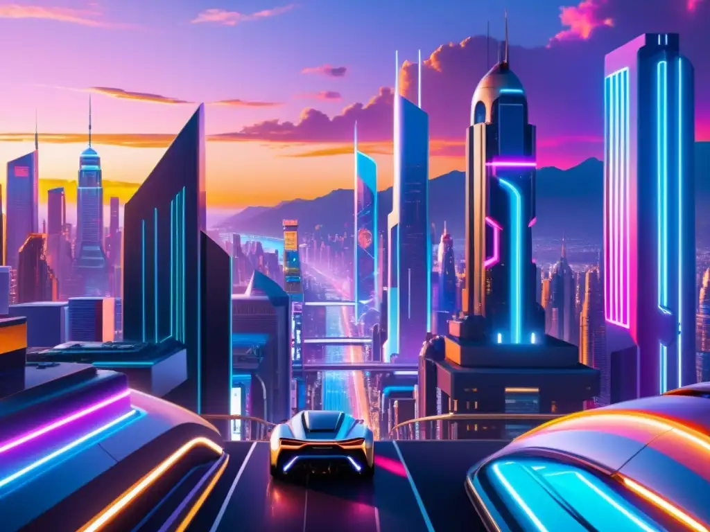 Vibrante ciudad futurista al atardecer, donde la coexistencia de humanos y IA se refleja en poesía y tecnología