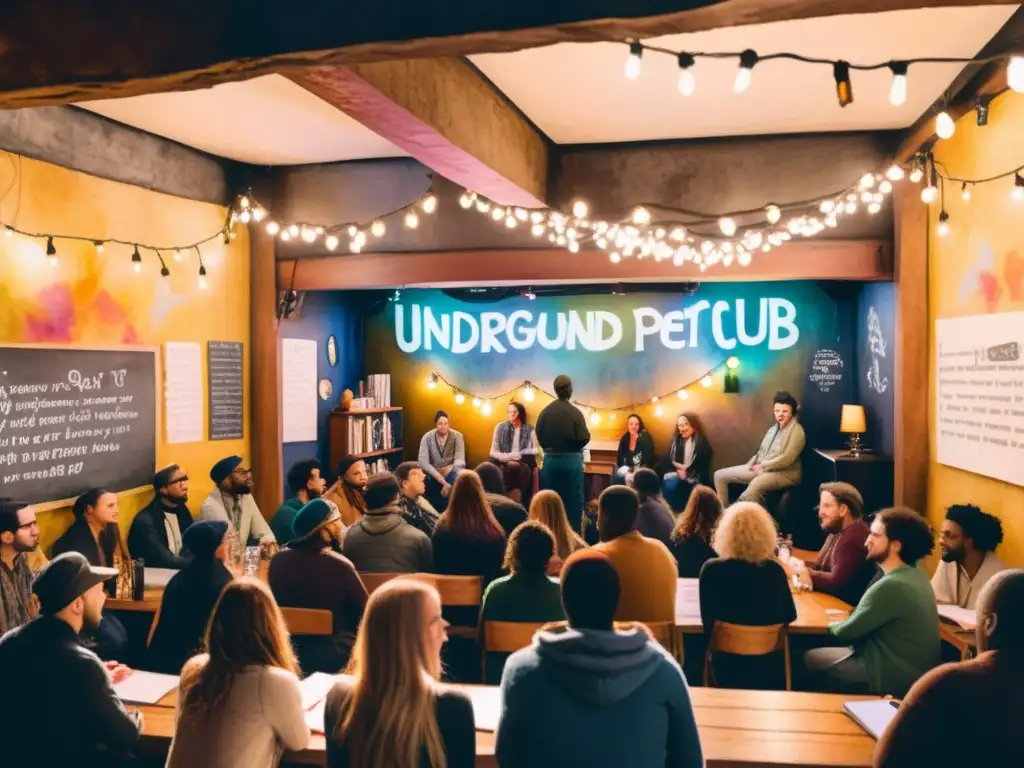 Un vibrante club de poesía underground, con graffiti colorido y poetas desafiantes