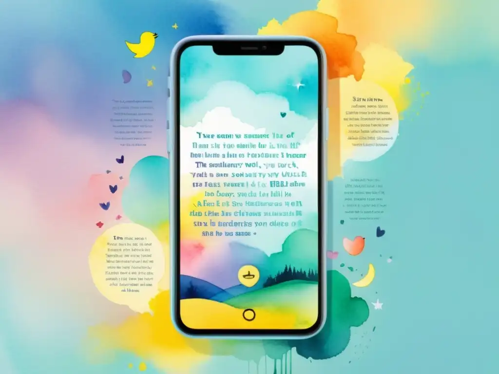 Vibrante ilustración acuarela de poesía en Snapchat, con colores suaves y elementos efímeros, creando belleza fugaz