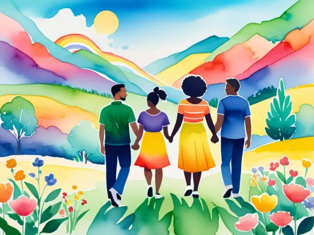 Vibrante ilustración acuarela de la comunidad LGBTQ+ unida en diversidad sexual en la poesía, rodeada de naturaleza colorida y cielo soleado