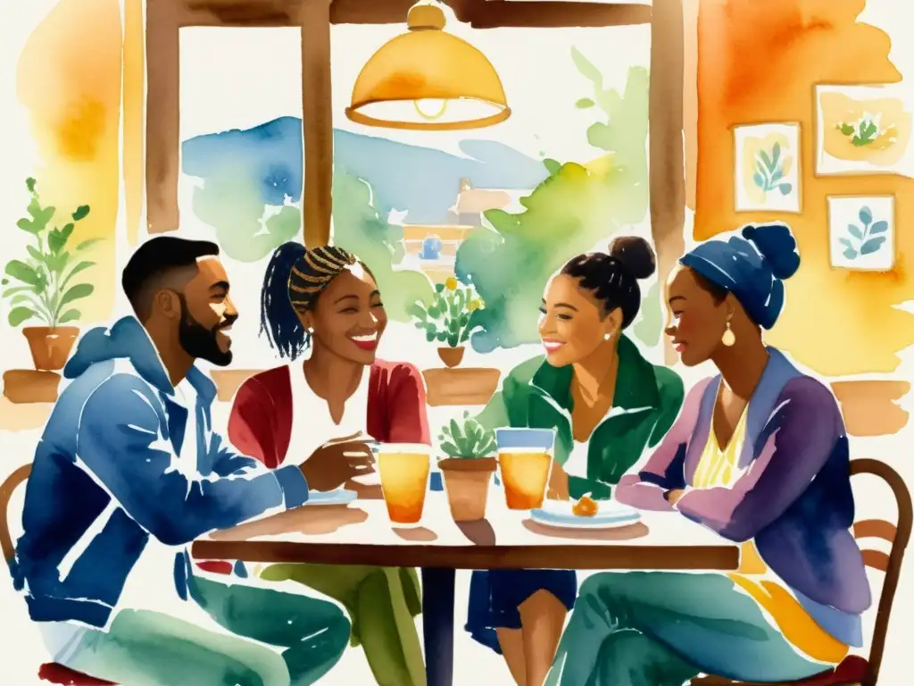 Conversaciones apasionadas: retrato acuarela de un café literario Un vibrante cuadro de acuarela muestra un animado foro de poesía, donde diversos individuos se conectan en conversaciones apasionadas