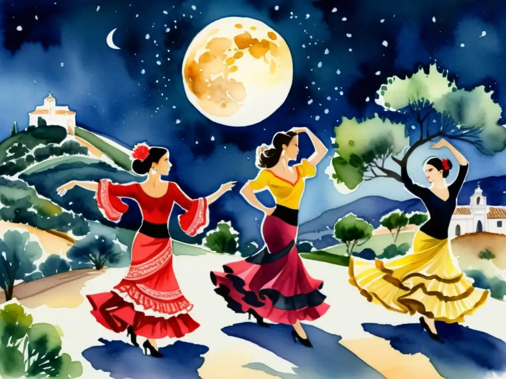 Un vibrante cuadro de acuarela de bailarines flamencos bajo la luna llena, capturando la esencia del Romancero Gitano de Lorca