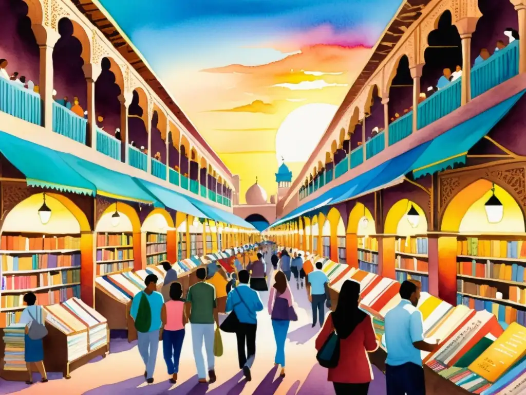 Un vibrante cuadro de acuarela de la bulliciosa Feria del Libro de El Cairo, con personas de todas las edades hojeando libros de poesía coloridos, bañados por la cálida luz dorada del atardecer