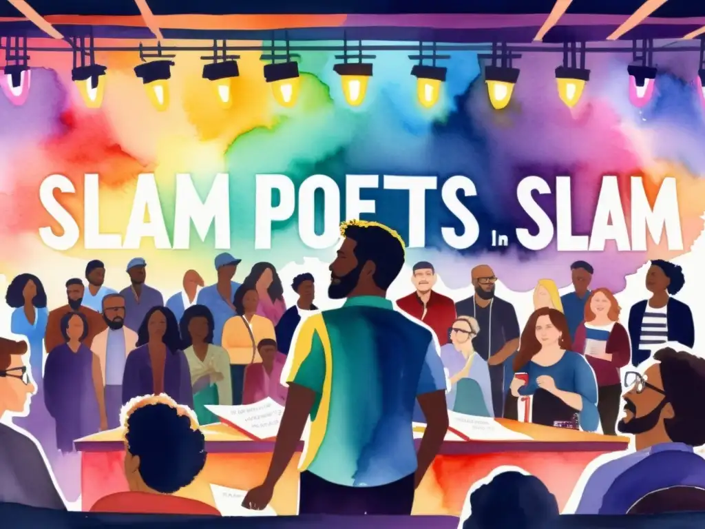 Un vibrante cuadro de acuarela de una diversa competencia de Slam Poetry mundial, repleta de energía y emoción