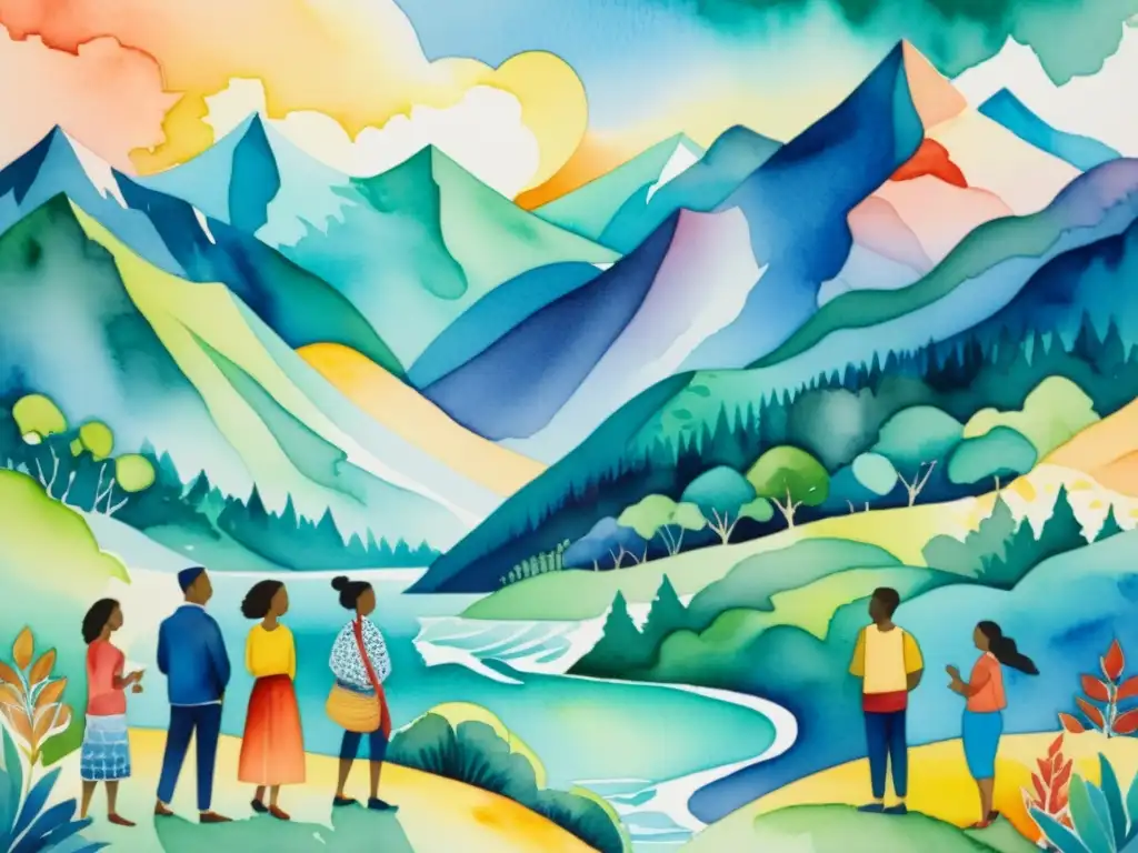 Arte visual poético: diversidad cultural en acuarela Un vibrante cuadro de acuarela muestra una diversa comunidad disfrutando la poesía visual, con elementos naturales de fondo