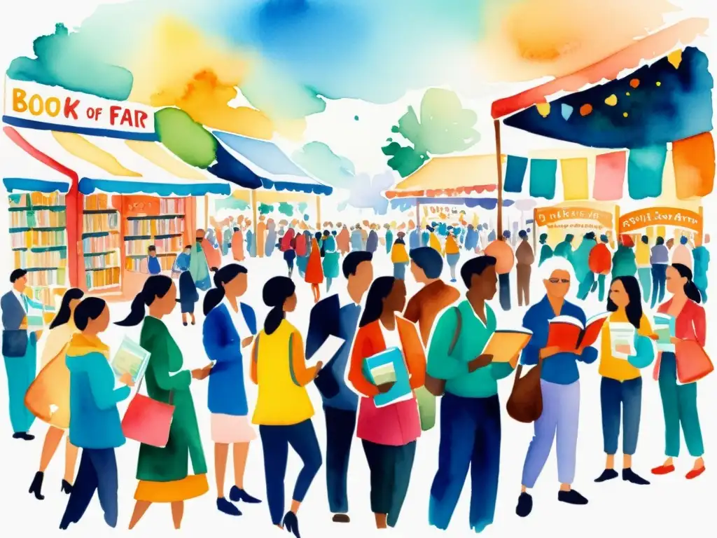Un vibrante cuadro acuarela de diversidad lingüística en ferias libro, con personas de diferentes idiomas disfrutando de la poesía en su lengua nativa