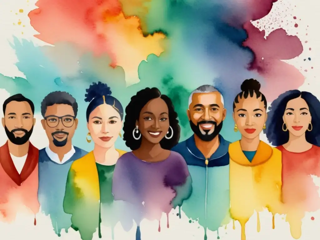 Encuentro poético: diversidad y unidad online Un vibrante cuadro acuarela muestra un evento poético online donde personas de diversas culturas se unen en una comunidad unida