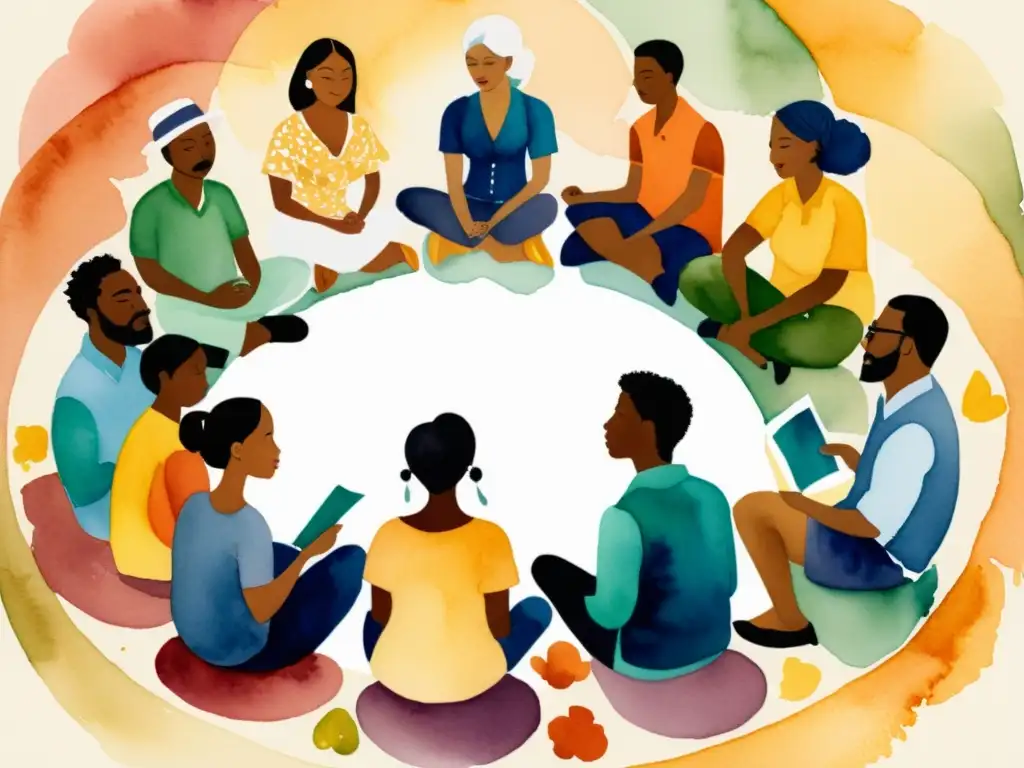 Círculo de Poesía: Pintura acuarela vibrante de diversidad y pasión Un vibrante cuadro de acuarela que retrata un foro de poesía para conectar
