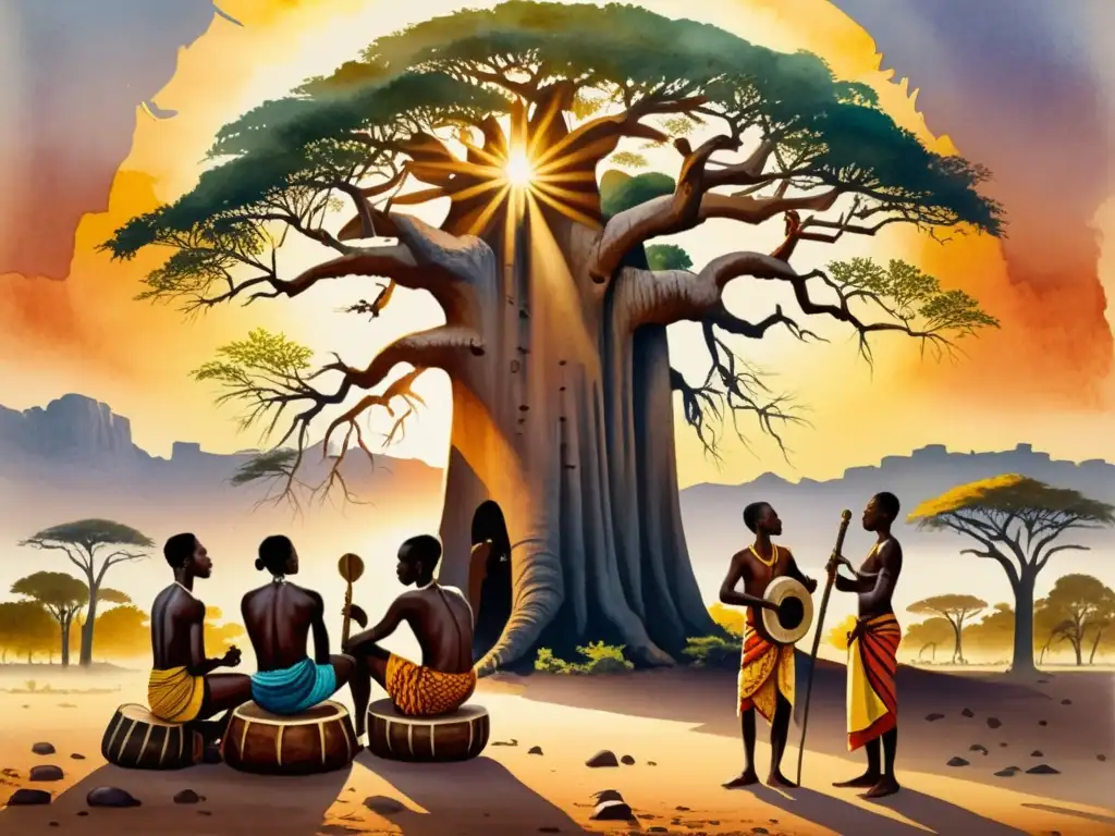 Un vibrante cuadro de acuarela muestra a griots africanos bajo un majestuoso baobab al atardecer, tocando instrumentos tradicionales