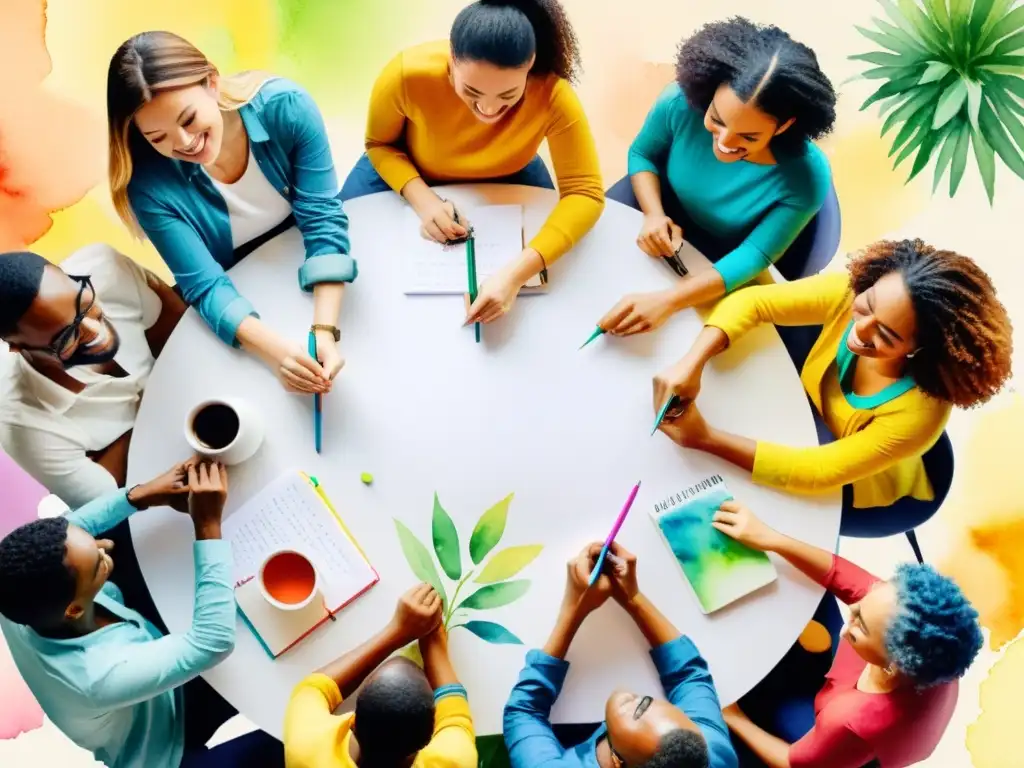 Un vibrante cuadro de acuarela muestra un grupo de personas sentadas en círculo, escribiendo en cuadernos con plumas y lápices de colores esparcidos