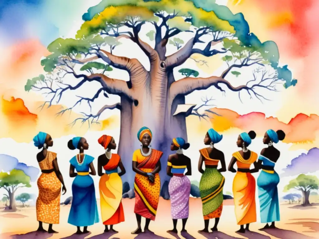 Un vibrante cuadro de acuarela de mujeres africanas recitando poesía bajo un baobab