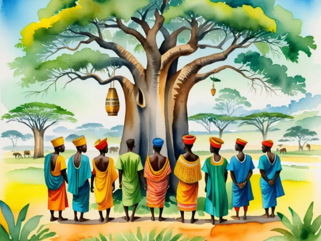 Un vibrante cuadro acuarela que retrata a los griots del África Occidental bajo un baobab, recitando antiguas historias