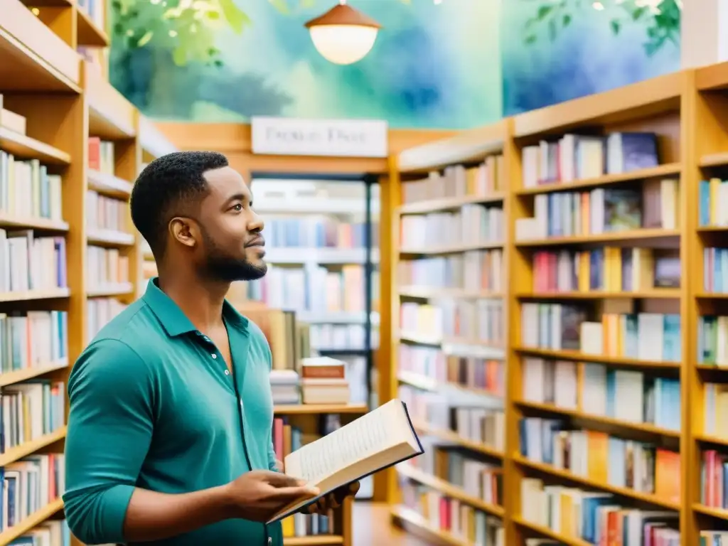 Un vibrante cuadro de acuarela muestra a un poeta contemporáneo interactuando con un grupo diverso de lectores en una bulliciosa librería