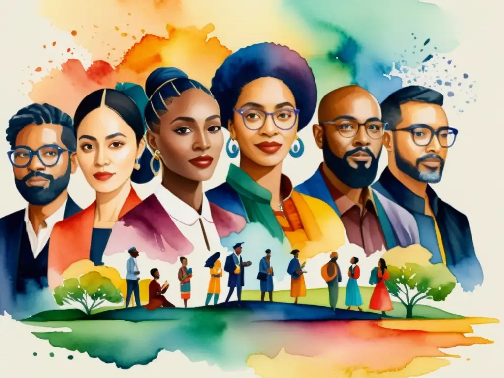 Poetas del mundo recitan versos en evento virtual Un vibrante cuadro de acuarela que retrata poetas de todo el mundo en un evento poético online, celebrando la diversidad cultural