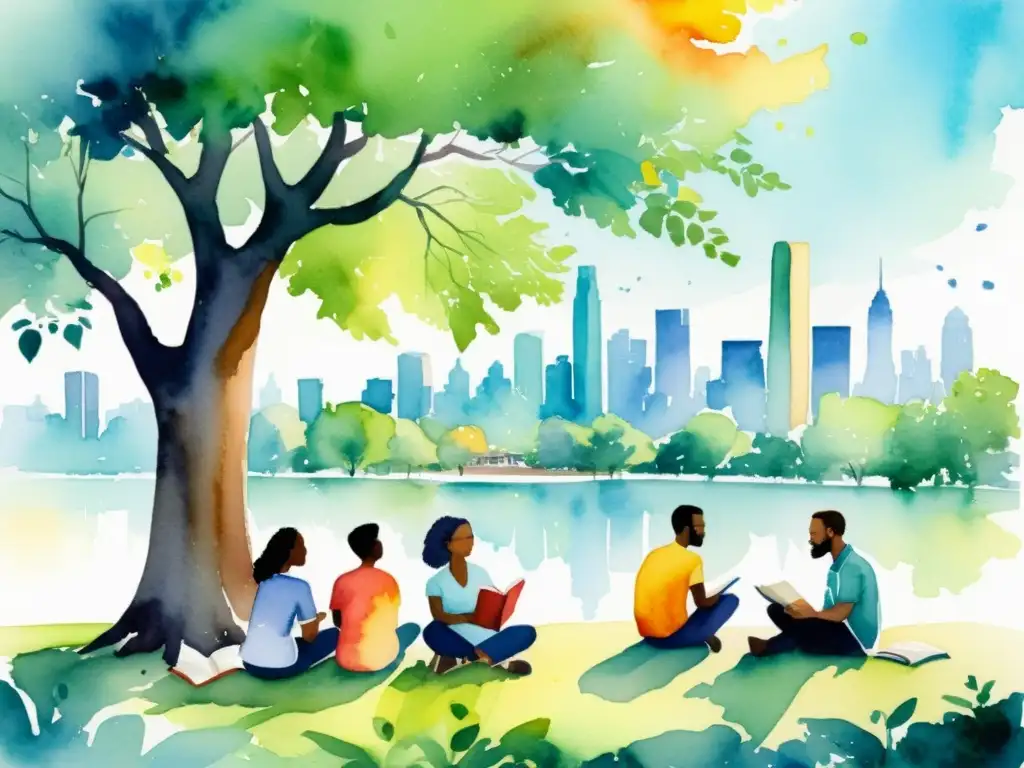 Poesía vibrante: encuentro de poetas bajo el árbol Un vibrante cuadro de acuarela muestra a poetas debatiendo temas sociales en un parque