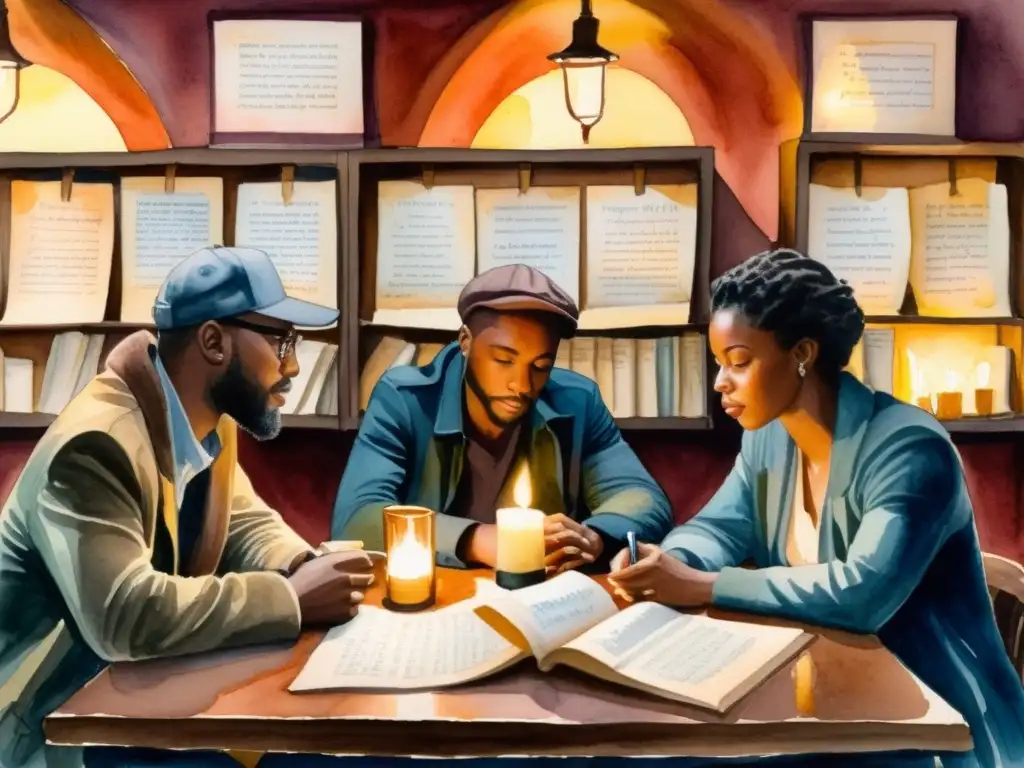 Un vibrante cuadro de acuarela retrata a poetas subversivos en un café underground, rodeados de manuscritos rebeldes, iluminados por velas