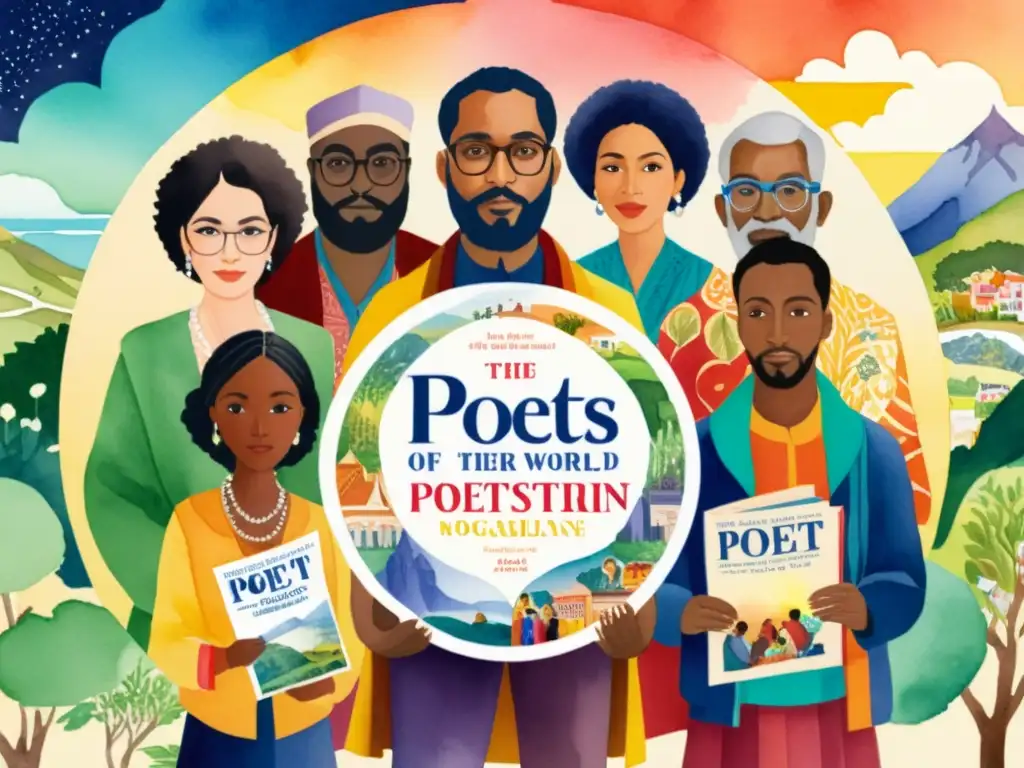 Un vibrante cuadro acuarela muestra poetas de todo el mundo sosteniendo revistas de poesía