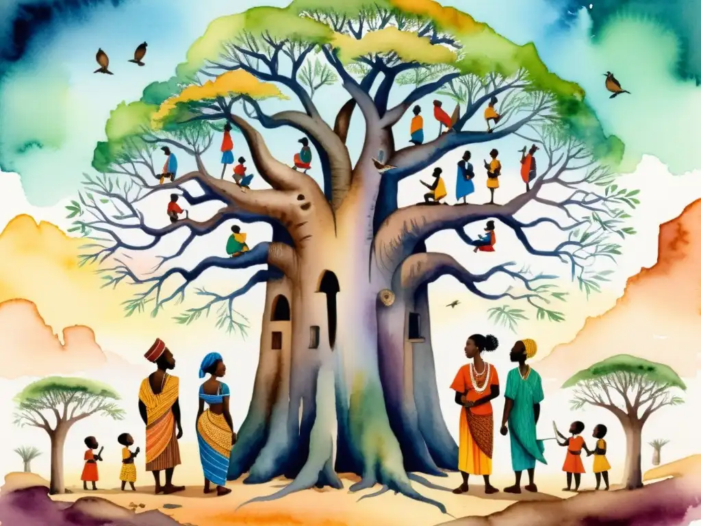 Un vibrante cuadro de acuarela de poetas africanos reunidos bajo un baobab, con tonos terrosos y detalles que capturan la esencia de sus palabras
