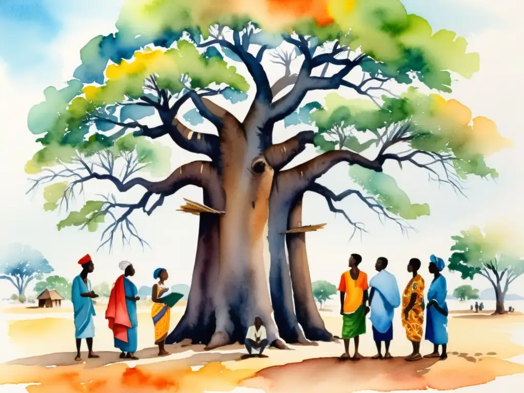 Un vibrante cuadro acuarela de poetas africanos recitando bajo un baobab, fusionando arte, cultura y la lucha contra el VIH/SIDA en África