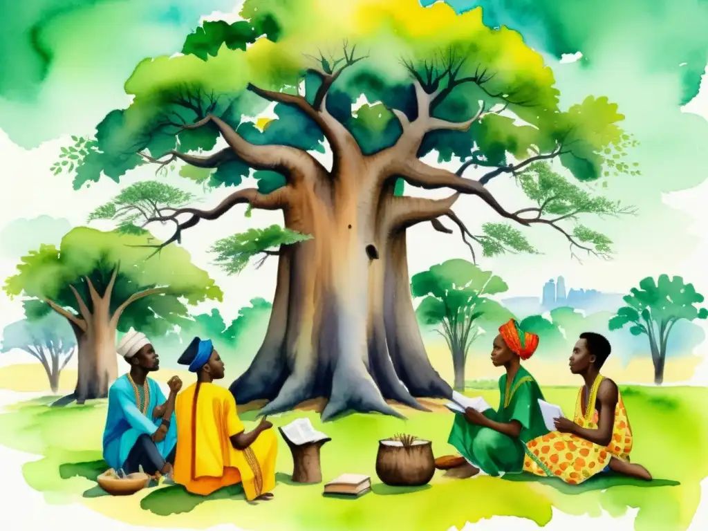 Un vibrante cuadro acuarela de poetas nigerianos bajo un baobab, en intenso debate, vistiendo trajes tradicionales y un paisaje exuberante