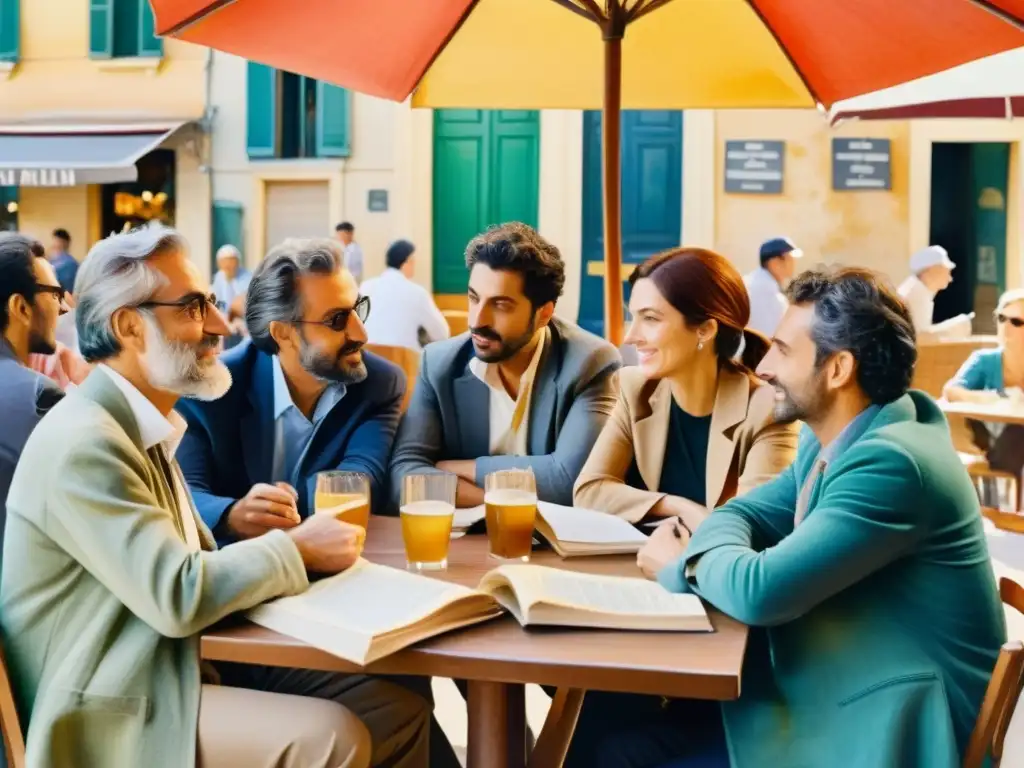 Un vibrante cuadro al agua de poetas del movimiento italiano Gruppo 63 en animada discusión en un café al aire libre