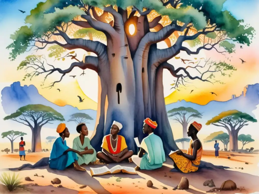 Un vibrante cuadro de poetas africanos reunidos bajo un baobab, expresando la importancia de la poesía africana