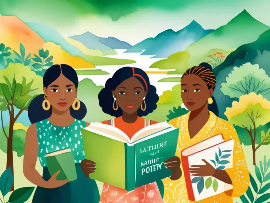 Vibrante ilustración acuarela de diversidad cultural y riqueza poesía contemporánea global, personas de todo el mundo con libros de poesía nativa